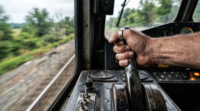 Senior male train engineer hand operating manual throttle lever inside a moving vintage locomotive cab