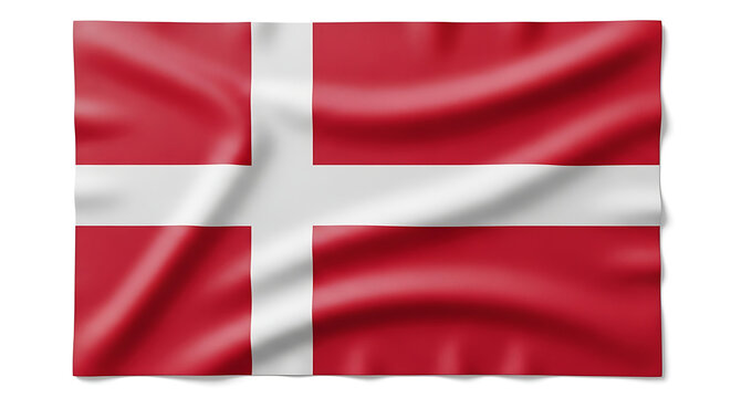 Waving Danish flag with a white cross on a red background, isolated on white.