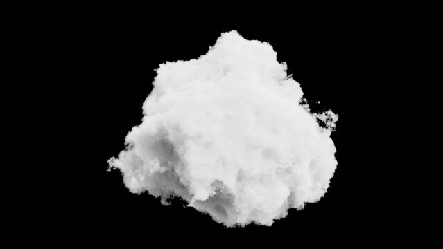 Fluffy White Cloud Isolated on Black Background, Volumetric Soft Cloud Puff