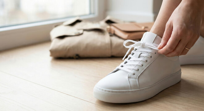 White sneaker shoelace foot hand floor home quiet luxury daily routine with casual footwear and folded clothing wooden floor bright morning light