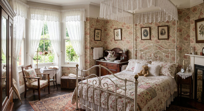 &nbsp;A 1900s Edwardian bedroom. Floral "Art Nouveau" wallpaper and a white wrought iron bed frame. Large bay window with lace curtains and a cozy reading nook.