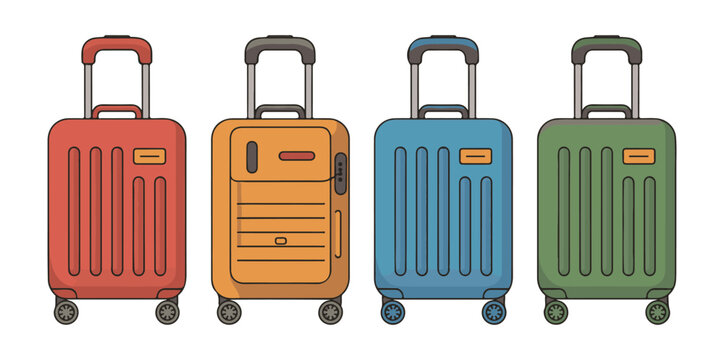 Four colorful rolling suitcase icons with different colored handles and surface textures.