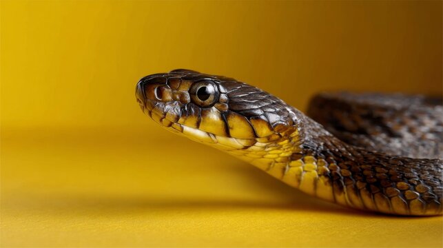 Close-up of a snake head against a solid yellow background, studio portrait of a reptile.
