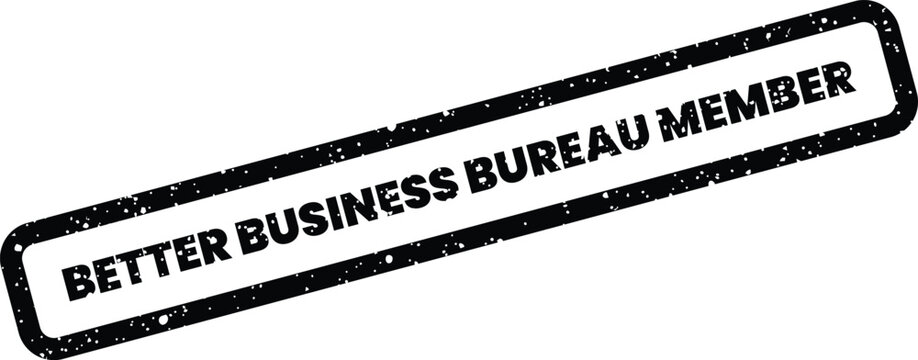 Grungy rectangular stamp displaying the better business bureau member identifier for affiliation displays