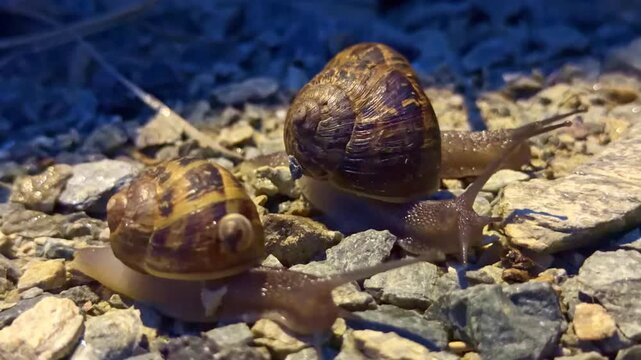 Close up of snails crawling over gravel at night with one sleeping on another in natural setting