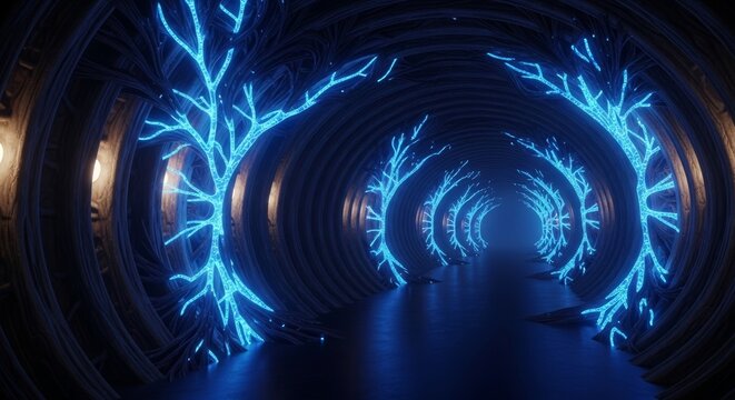 A dark corridor inside an extraterrestrial craft features organic ribbed walls and glowing blue energy pulsing through synthetic veins, pulsing, ribbed, bioluminescent