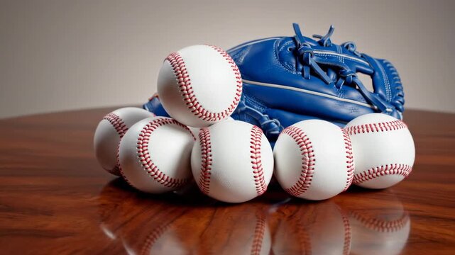 Baseball equipment including a blue glove and several white balls with red stitching arranged on a polished wooden surface, sports theme
