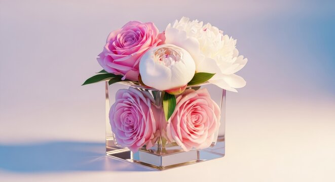 A delicate close-up of a floral composition featuring pastel roses and peonies nestled inside a transparent glass cube with soft lighting, airy, garden, peonies
