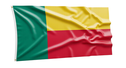 Obraz premium Waving flag of Benin with green, yellow, and red stripes on white background