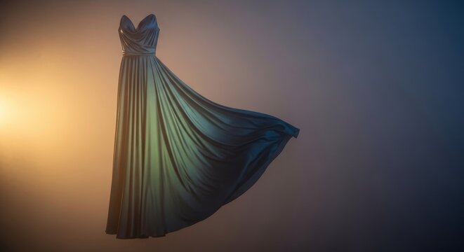 A flowing silk gown drapes gracefully in a hazy mist, illuminated by a gentle golden glow creating a dreamlike and very sophisticated scene, tranquil, focus, sophisticated