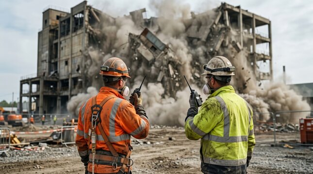 Two male site supervisors in safety gear monitoring a controlled building implosion with radios