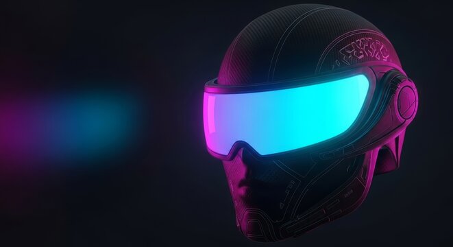 A futuristic headpiece featuring a sleek glowing visor with vibrant light, set against a dark minimal background with soft neon reflections, device, pink, light