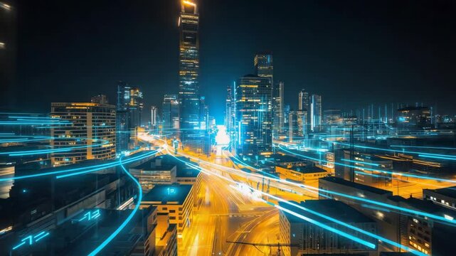 Futuristic city skyline at night with glowing light trail motion on highway and dynamic energy