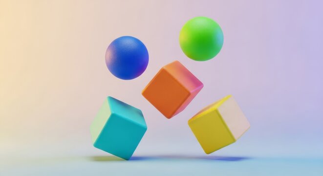 A minimalist composition of smooth geometric spheres and cubes floating in mid-air against a soft gradient background with clean lighting, structure, suspension, geometric