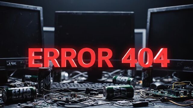 Cyberpunk 404 Error Glitch Effect on a Messy Desk with Old Computer Monitors and Energy Drinks