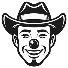 Fototapeta premium Smiling clown face wearing a cowboy hat in black and white illustration