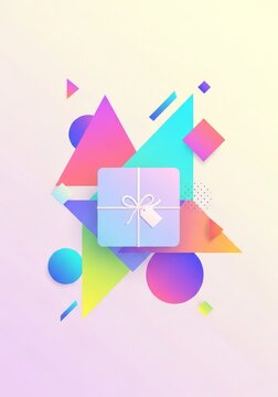 A minimalist flat illustration featuring a central birthday gift box wrapped in soft pastel paper, surrounded by colorful geometric shapes, holiday, festive, vibrant