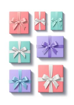 A minimalist flat illustration featuring various wrapped gift boxes in a soft pastel palette with elegant ribbons and simple bows, seasonal, joy, boxes