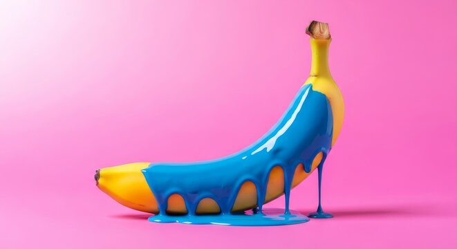 A vibrant yellow banana is coated in thick, glossy blue paint that drips slowly down the sides against a bright neon pink backdrop, organic, coating, color
