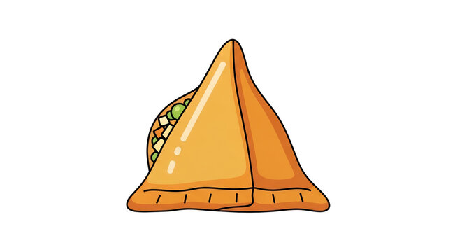 Single Indian Samosa Illustration, Crispy Golden Triangular Fried Pastry Snack with Vegetable Filling Isolated on White Background