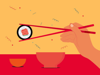 A person holding a maki sushi roll using red chopsticks. Japanese illustrations. Flat vector concepts. © roundsquid