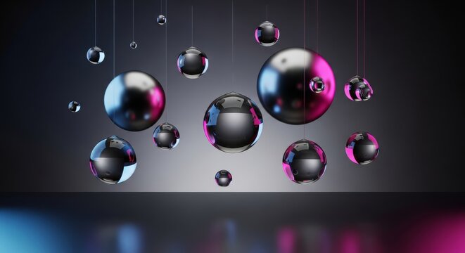 Floating metallic spheres and liquid droplets hover gracefully in a minimalist space with gentle light and subtle, blurry surface reflections, weightless, surreal, gravity