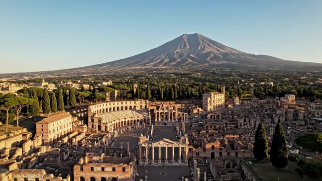 Aerial view of ancient roman ruins and a large amphitheater with a massive volcanic mountain in the background under a clear sky