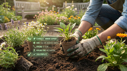 Fototapeta premium Gardener planting echinacea in vibrant garden setting surrounded by colorful flowers showcasing the essence of horticulture and care for plants in sunny environment