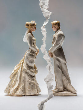Broken wedding figurines on torn photo symbolizing divorce, separation, heartbreak, and the end of marriage with emotional conflict and relationship crisis concept