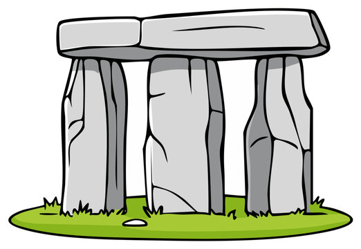 Stylized ancient stone monument with massive upright and horizontal megaliths on grassy ground