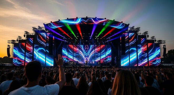 Large outdoor concert featuring a crowd facing a colorful stage with dynamic lighting displays. A vast audience enjoys the performance
