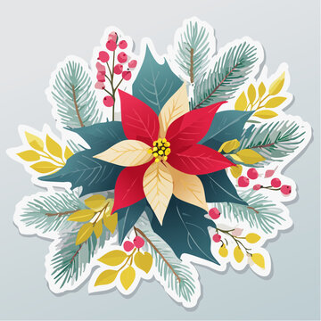 Christmas Poinsettia and Holly Berry Wreath Illustration