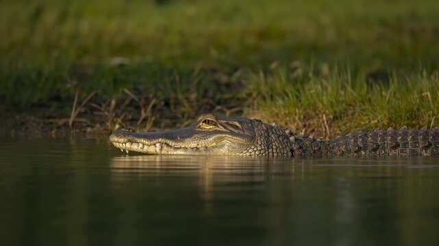 Young alligator resting water edge golden light wetland grass along riverbank wetland riverbank