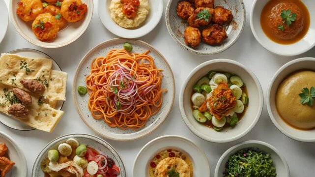 Vibrant Mediterranean mezze with spaghetti hummus flatbread salad roasted vegetable fusion spread