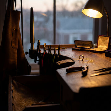Jeweler bench silhouette with ring mandrel pliers and gold dust on dark wood elegance today