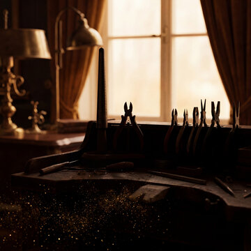 Artisan jeweler workstation silhouette featuring ring mandrel pliers and shimmering gold dust over rustic wood
