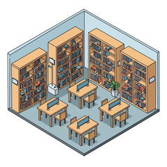 Obraz premium Study room with bookshelves and desks.