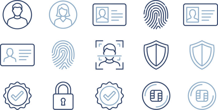 Collection of diverse security and identity verification icons including fingerprint, ID cards, and face recognition.