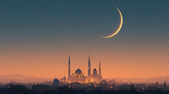 Crescent moon over elegant mosque at evening sky background