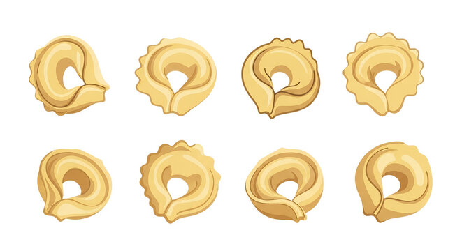 Collection of Traditional Italian Tortellini and Cappelletti Pasta Illustrations on White Background