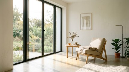 Fototapeta premium A serene living room with a large window overlooking a garden, featuring a wooden armchair, a potted plant, and a framed picture on the wall.