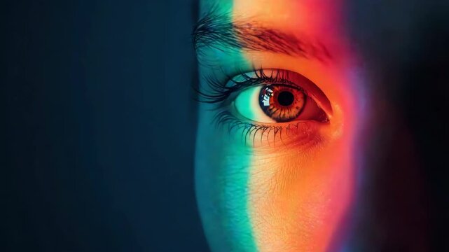 Close up portrait eye neon colorful reflection with dramatic thoughtful mood and detailed skin