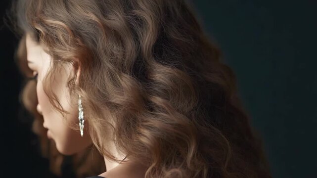 Young woman profile curly hair brown hair ornate earring elegant portrait with moody lighting