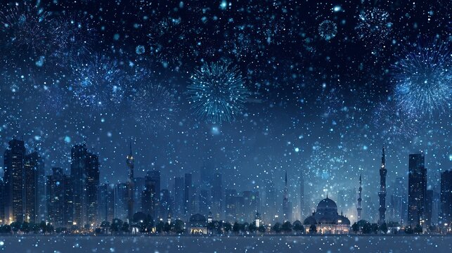Eid ul azha night celebration 2025 2026 snowy city sky stars midnight