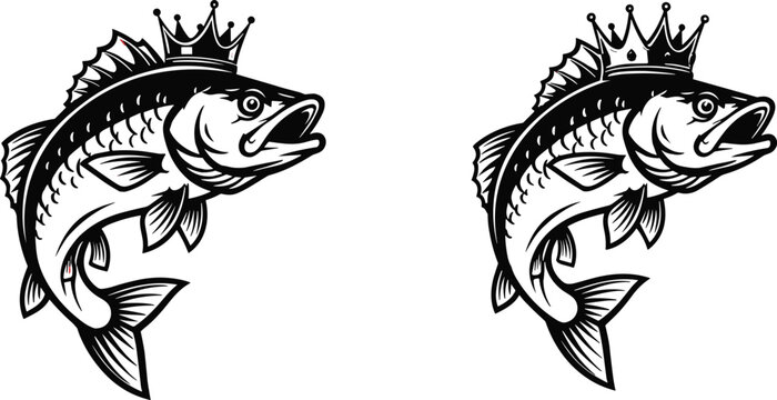 Black and White Crown Bass Fish Jumping Silhouette Set Featuring Detailed King Fish with Royal Crown in Bold Vector Design for Fishing, Sport and Mascot Logo Concepts