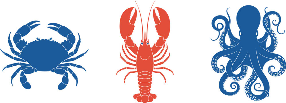 Colorful Seafood and Ocean Creature Silhouette Collection Set Featuring Blue Crab, Red Lobster and Blue Octopus in Flat Vector Design for Marine, Food and Nautical Concepts