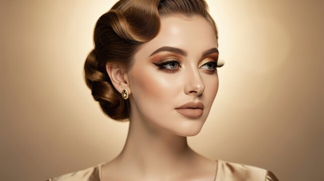 A glamorous woman with vintage-inspired makeup and hairstyle looks off to the side against a warm, softly lit background.