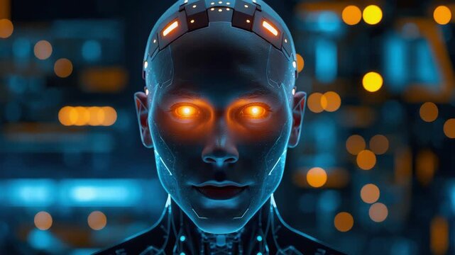 Futuristic humanoid robot with glowing eyes cyborg android neon blue orange cybernetic lab