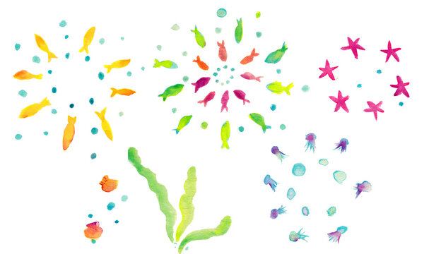 Watercolor underwater banner frame, transparent PNG, tropical fish jellyfish starfish coral seaweed, summer ocean background with copy space / 水彩 海中 バナー フレーム 透過PNG 熱帯魚 クラゲ ヒトデ 珊瑚 海藻 夏 海 背景素材 コピースペース