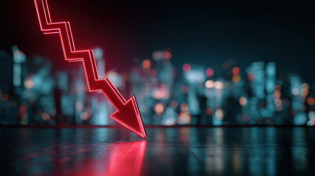 Neon red arrow pointing down over blurred cityscape and reflective floor, digital 3d render with glowing light and dark background